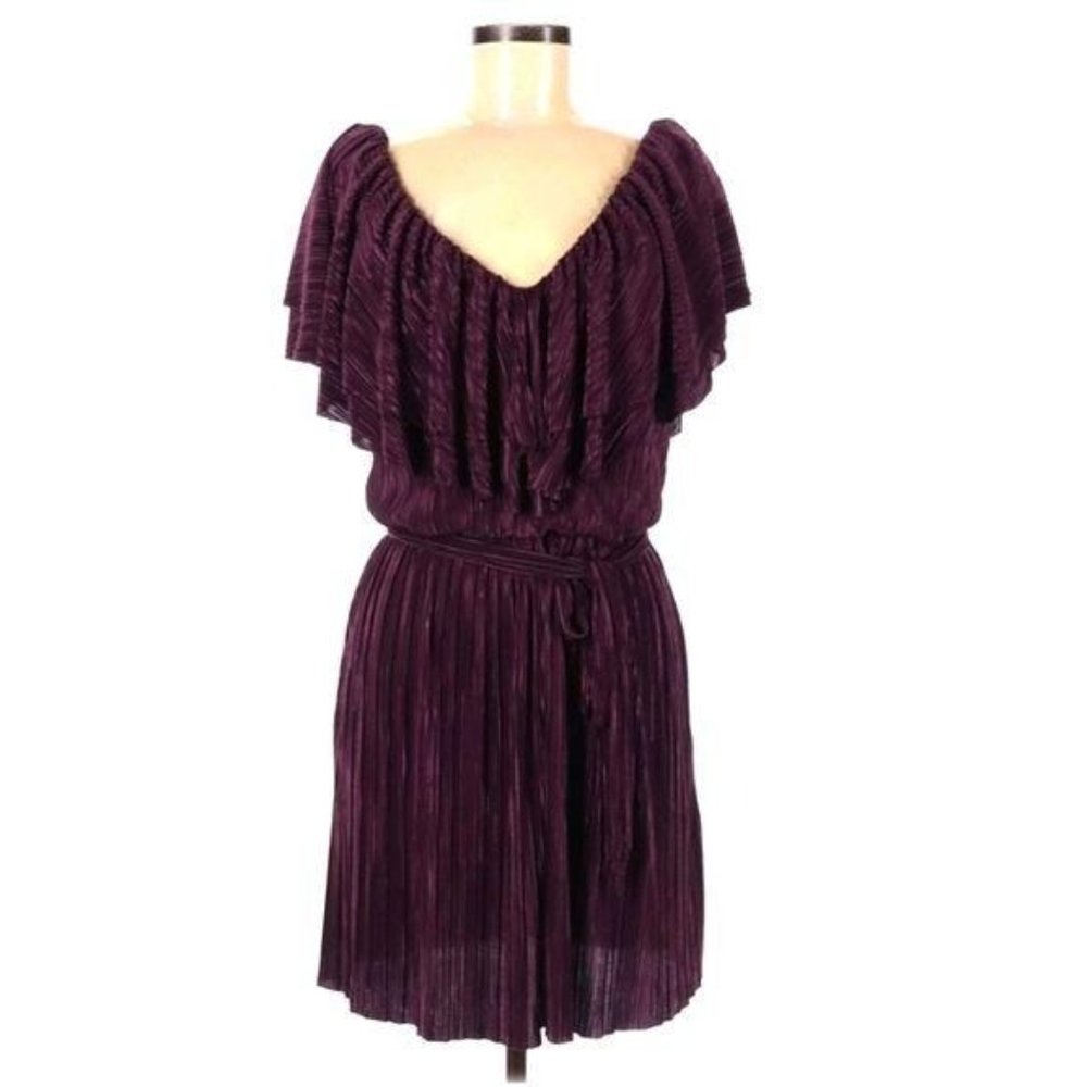 OML Deep Purple Plisse Pleat Flutter Sleeve Dress M Cocktail Party Wedding